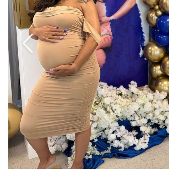 Momyknows Khaki Ruched Off Shoulder Maternity Dress - Picture 3 of 3